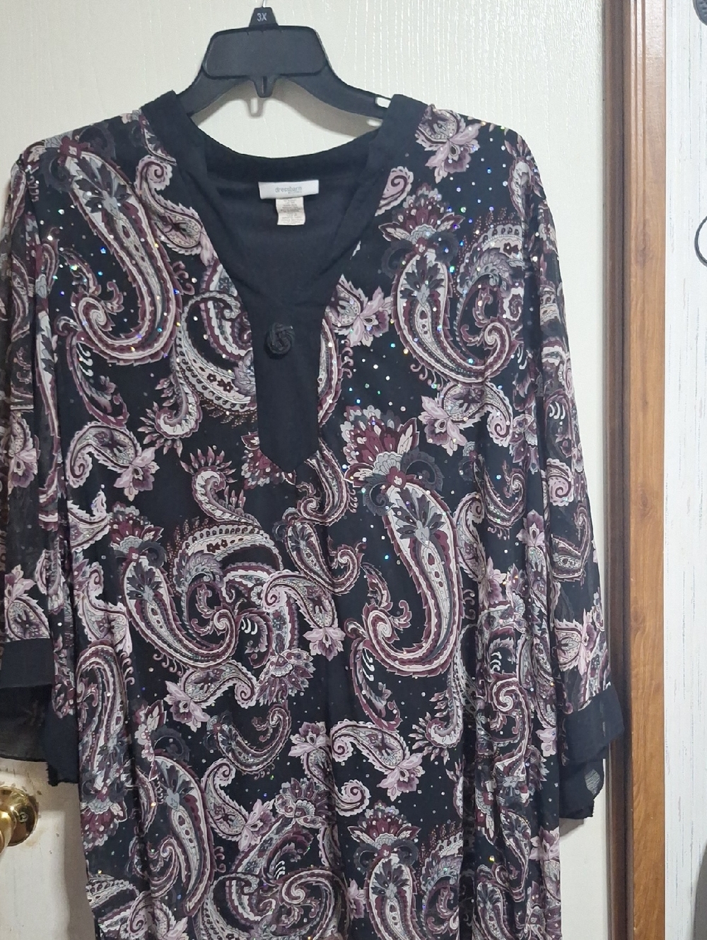 dressbarn Black Paisley V-Neck Tunic with Sparkle Detail